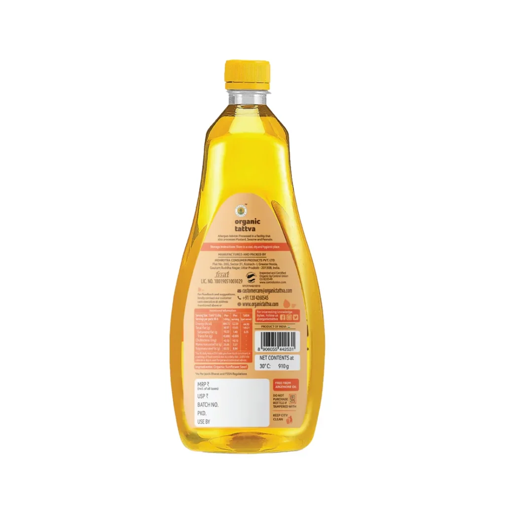 organic tattva organic cold pressed sunflower oil 1 litre back