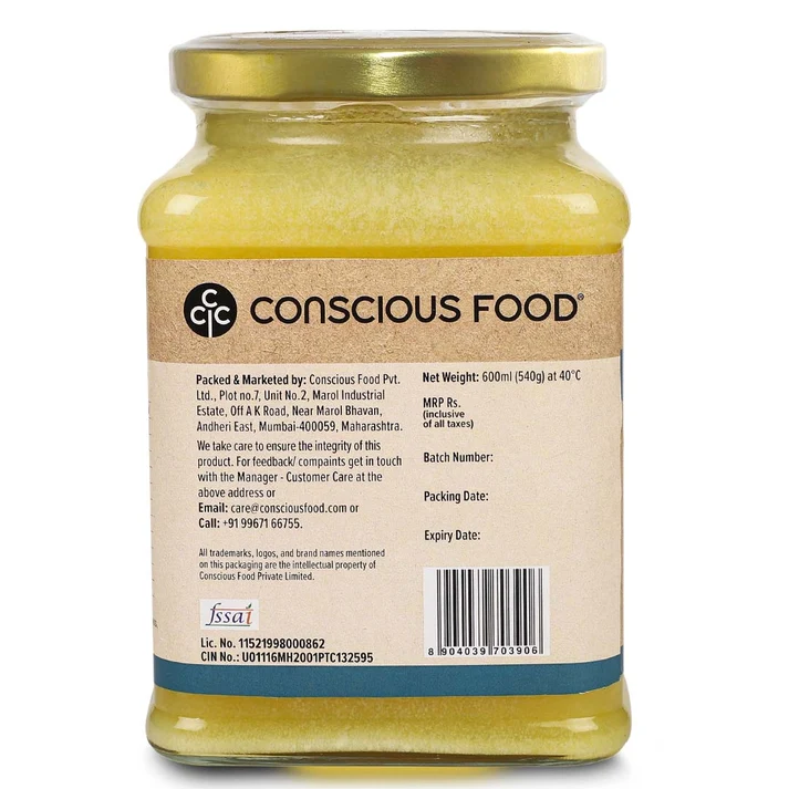 consicous food a2 desi gir cow ghee 600ml back