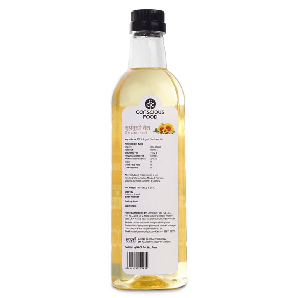 consicous food organic cold pressed sunflower oil 1 litre back