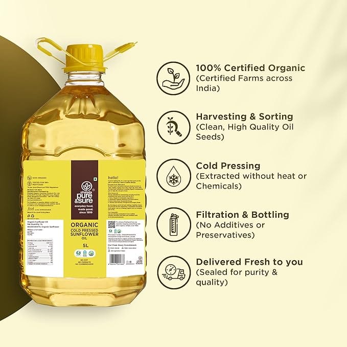 pure & sure organic cold pressed sunflower oil 5 litre cto