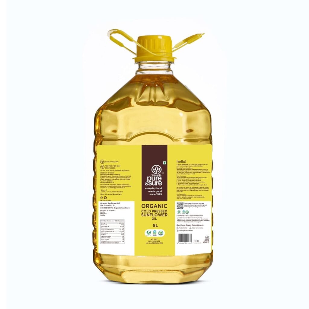 pure & sure organic cold pressed sunflower oil 5 litre front