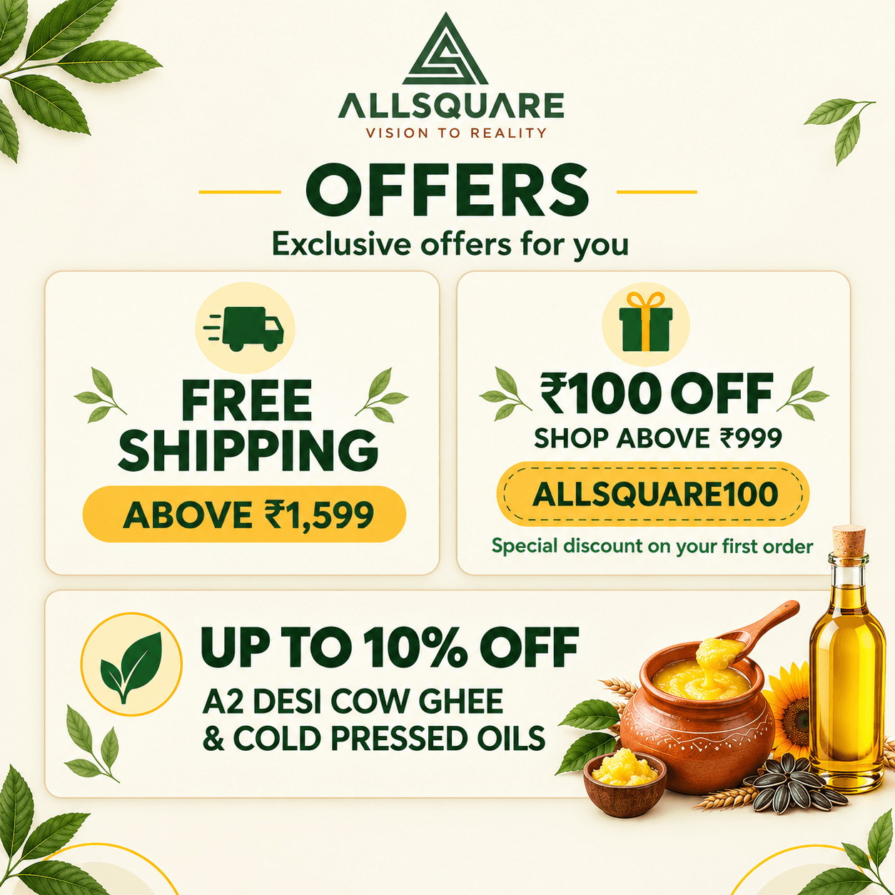 AllSquare Offers — Free Shipping above ₹1,599, ₹100 off with ALLSQUARE100, up to 10% off on Ghee & Cold Pressed Oils